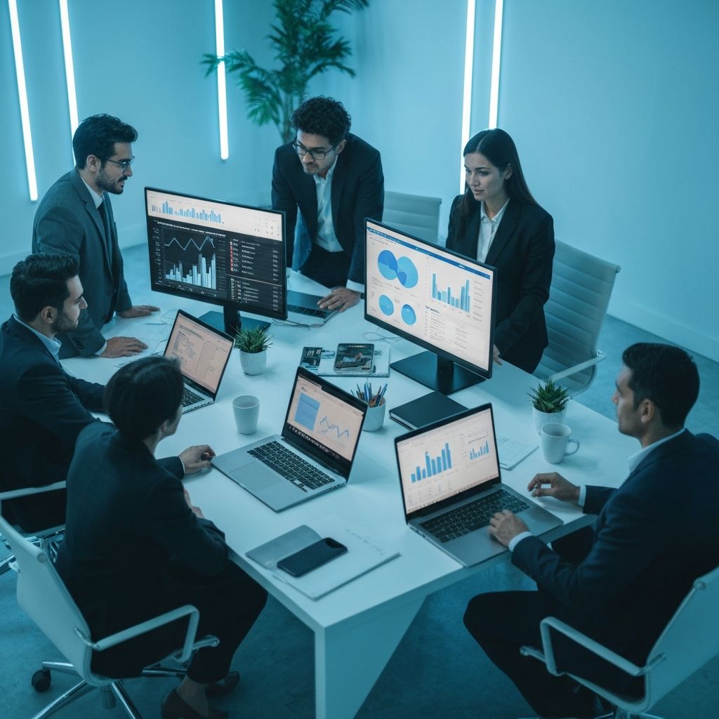 Equipo profesional trabajando en transformación digital con inteligencia artificial